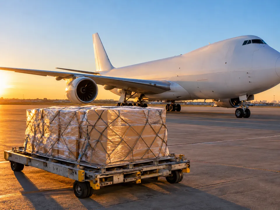 Cargo pallet on a dolly in front of a cargo aircraft