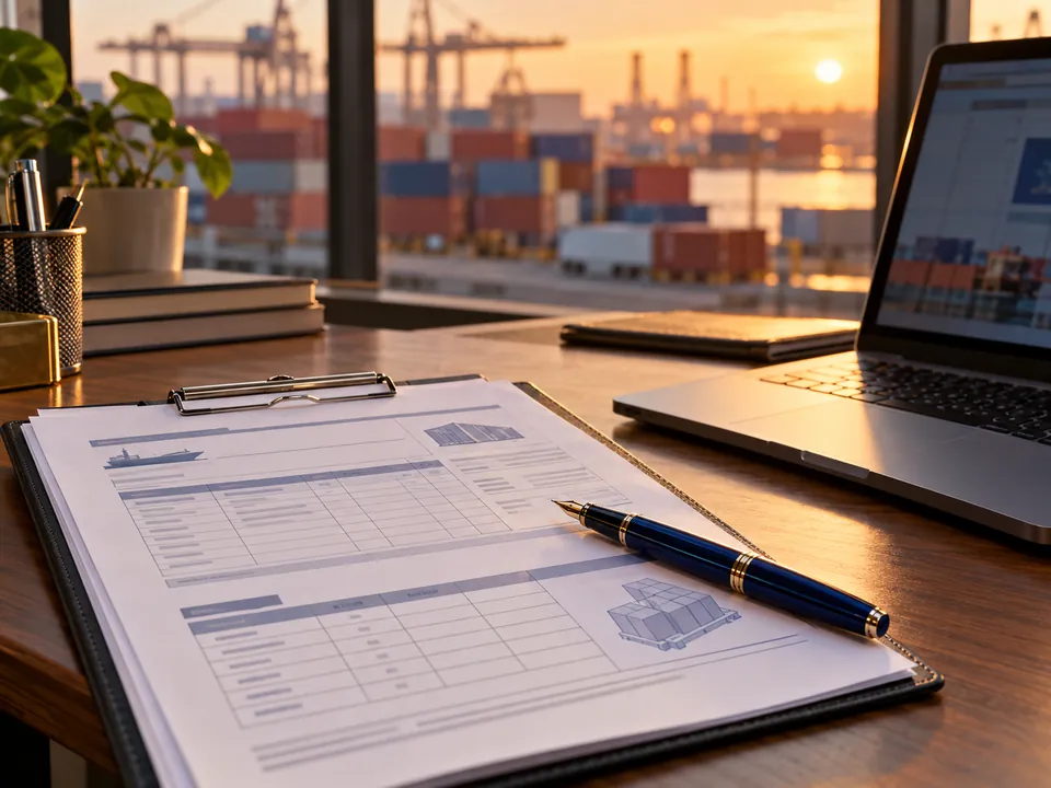 Shipping documents on a desk with a container port in the background