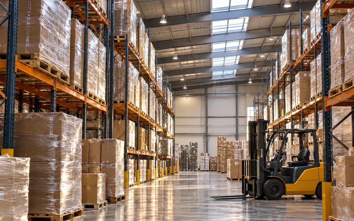 Freight warehouse with pallet racks and a forklift