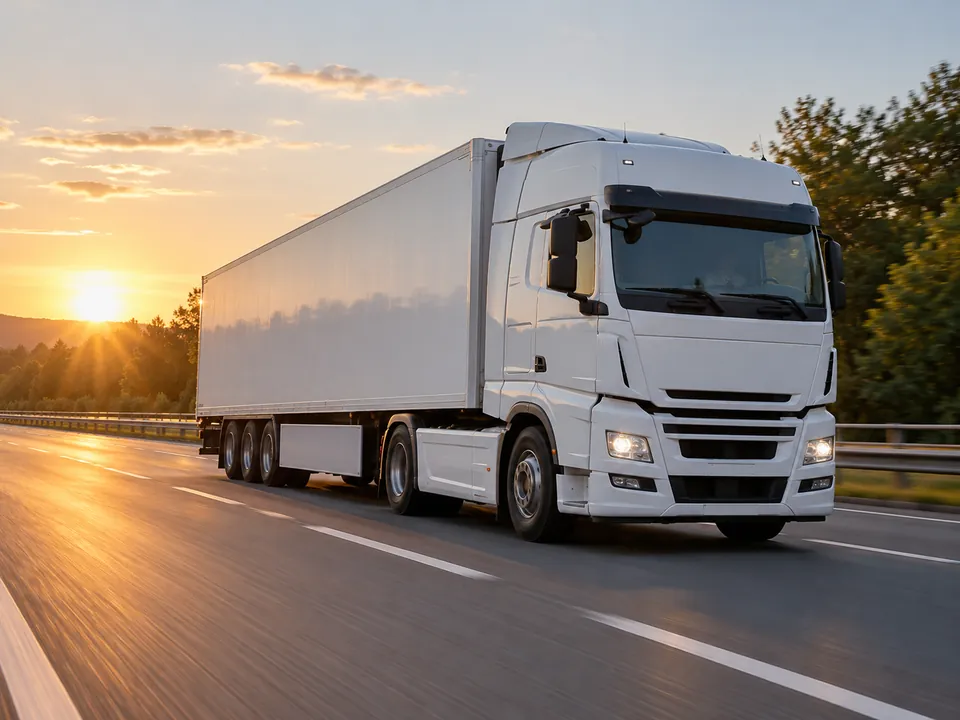 White truck with trailer on a motorway at sunrise