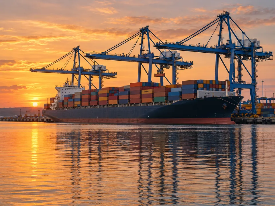Container ship under gantry cranes in a port at sunset
